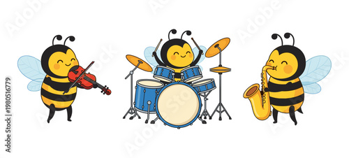 Cute Bee Musician Characters Set Playing Violin, Drums and Saxophone, Musical Band Cartoon Mascot Collection Isolated on White Vector