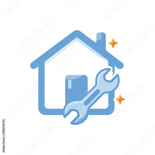 Vector depicting a blue house with a wrench icon for home repairs.