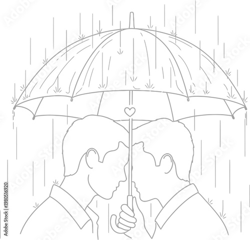 Two loving men sharing an umbrella in the rain, symbolizing protection, enduring love, and romantic connection during adverse weather conditions.
