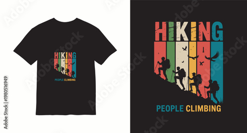 Hiking people climbing vintage t-shirt design with mountain silhouette.