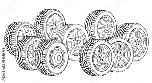 Tires stacked set with various wheel designs and treads for automotive use featuring wheels, car, vehicle with vehicle accessories and car