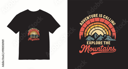Adventure explore the mountains vintage t-shirt design with sun and trees.