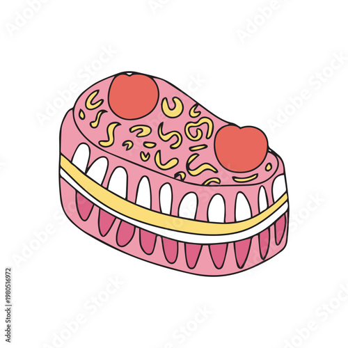 Black line strawberry cake with cream and chocolate on a plate