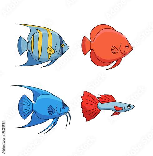 Tropical Exotic Fish Collection Including Angelfish and Guppy Species with Vibrant Colors, Underwater Sea Life Creatures Vector Illustration