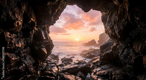 Rocky cave entrance frames a vibrant sunset over the ocean. 