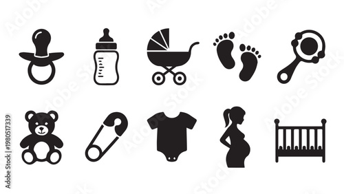 Baby and Maternity Icon Set - Isolated Flat Vector Black Silhouette Graphic Resource