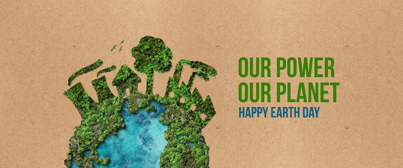 Our power, our planet. Earth day 2026 concept background. Ecology concept. Design with globe map drawing and leaves isolated on white background.