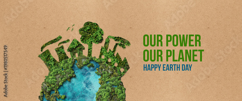 Our power, our planet. Earth day 2026 concept background. Ecology concept. Design with globe map drawing and leaves isolated on white background.