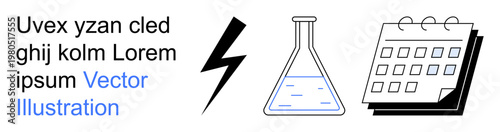 Science, energy, scheduling, text design, education, and conceptual artworks. Lightning bolt, laboratory flask calendar and text. Science and energy symbols in a minimalistic design