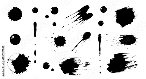 Inkblots black grunge set with splatters and drops on white background featuring artistic effects, design elements, graphic resources with stains and