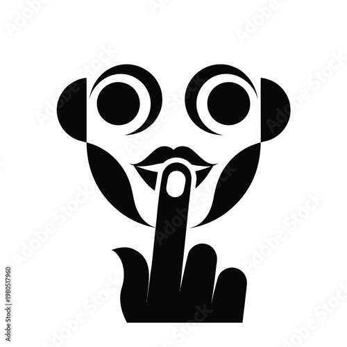 Vector of a stylized monkey face with large eyes and a finger over lips