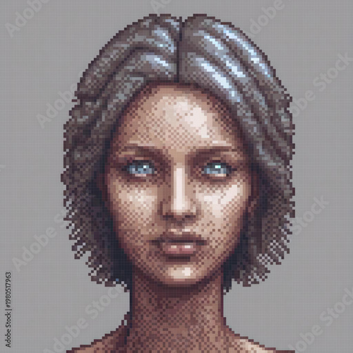 A pixel art image of a woman with blue eyes, grey hair, and a unique facial feature.