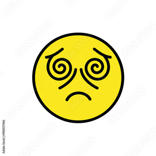 Cartoonish yellow vector face with spiral eyes and a frowning mouth