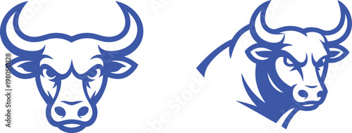 Two blue bull heads, one frontal and one profile animal