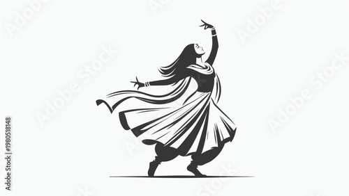 Elegant Black and White Silhouette of Indian Kathak Female Dancer with Flowing Dupatta and Long Hair in Graceful Classical Dance Pose Illustration