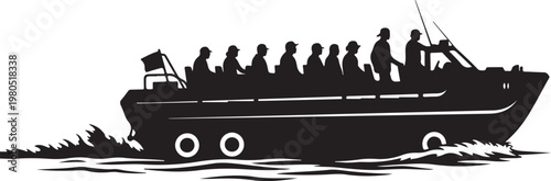 Black silhouette boat, people on boat, watercraft vector, passenger vessel