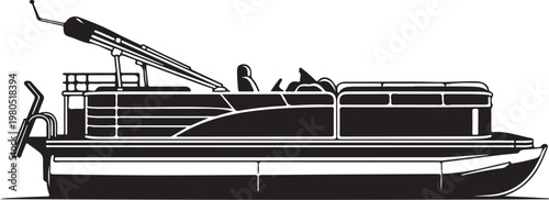 Pontoon boat, black and white vector illustration, side view, recreational watercraft