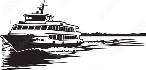 Black and white ferry boat, vector illustration, nautical icon, transportation symbol