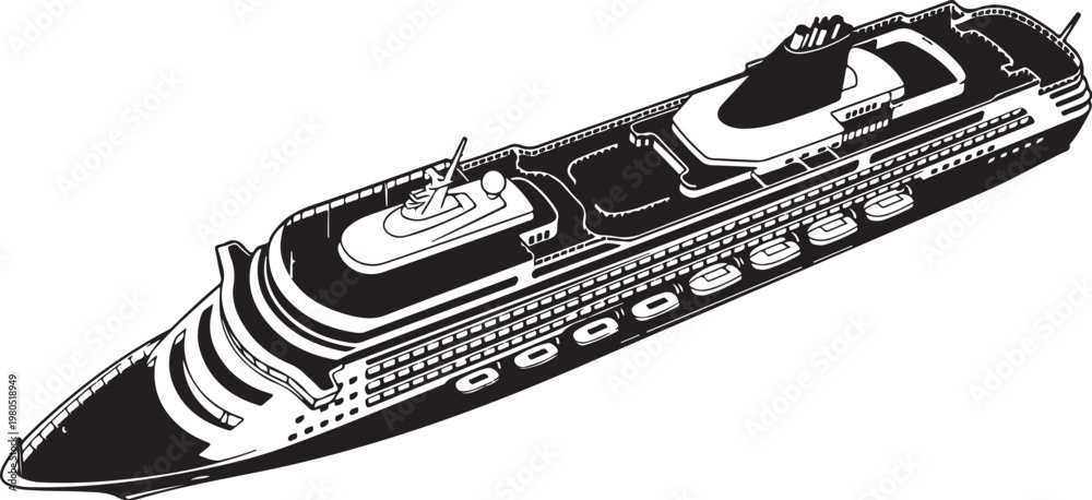 Obraz premium Luxury Cruise Ship, Ocean Liner, Black and White Illustration, Vector Graphic
