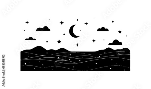 Night sea landscape with stars moon and clouds flat vector illustration