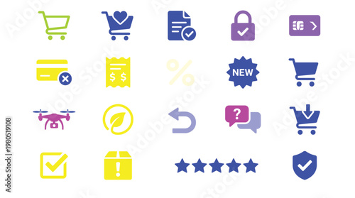 Collection of colorful ecommerce icons for business and shopping concepts