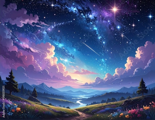 Dreamlike Mountain Valley Under Starry Sky.