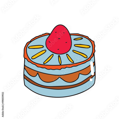 A cute vector illustration of a sweet birthday cake with cream, chocolate, strawberries, and cherries, perfect for a happy celebration design