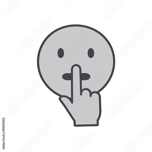 Playful vector of a gray face with a finger over the lips showing silence.