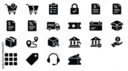 Collection of black ecommerce and finance icons