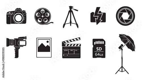 Photography and Videography Icon Set - Isolated Flat Vector Black Silhouette Graphic Resource