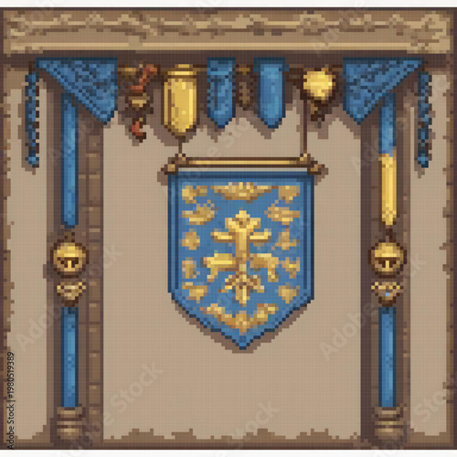 A medieval scene with a blue and gold banner featuring a cross and a shield, with a pixel art style.