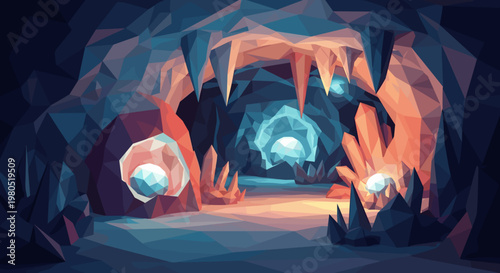 Glowing cave with blue lights.
