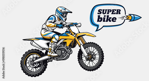 Motocross rider jumping on super bike, dirt bike racer in action vector illustration, off-road motorcycle sports graphic with speech bubble