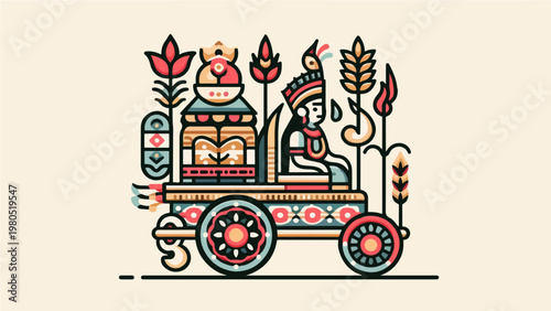 Colorful Traditional Indian Temple Chariot with Deity Idol, Floral Decorations, and Ornate Wheels, Hindu Festival Rath Yatra Flat Illustration