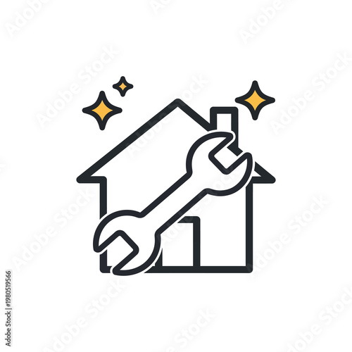 Vector graphic of a house with a wrench and sparkles indicating home repairs