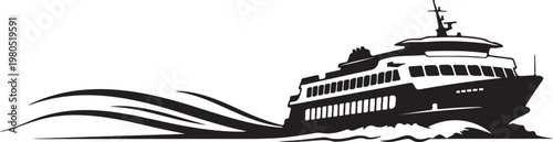 Black cruise ship, ferry boat, ocean liner, vector illustration, nautical icon
