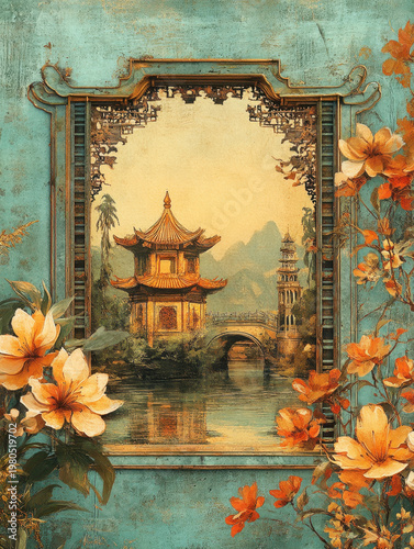 Vintage oriental landscape asian temple pagoda arched bridge calm river mountain scenery turquoise frame floral border orange flower traditional painting Vintage oriental landscape with asian