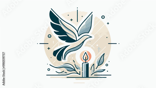 Peaceful Dove Flying Above Candle Flame with Olive Leaves, Minimalist Spiritual Hope and Freedom Symbol Illustration
