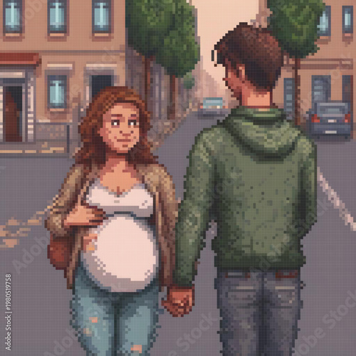 A woman is walking with a man, both holding hands, in a pixel art style.