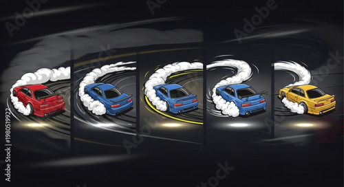 Drifting Cars Creating Smoke Trails on a Dark Track.