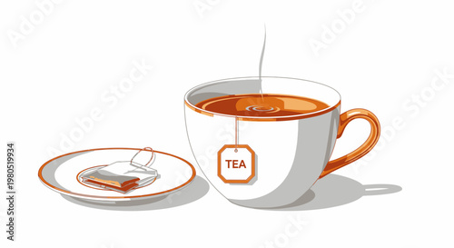 Hot Tea Break with Steaming Cup and Tea Bag on Saucer