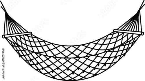 A simple black and white line drawing depicts an empty hammock suspended and ready for relaxation high quality professional detailed modern