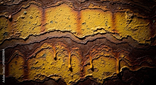 Abstract rust texture background with peeling yellow paint drips and rough surfaces