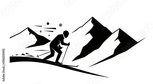 Man skiing down mountain slope.