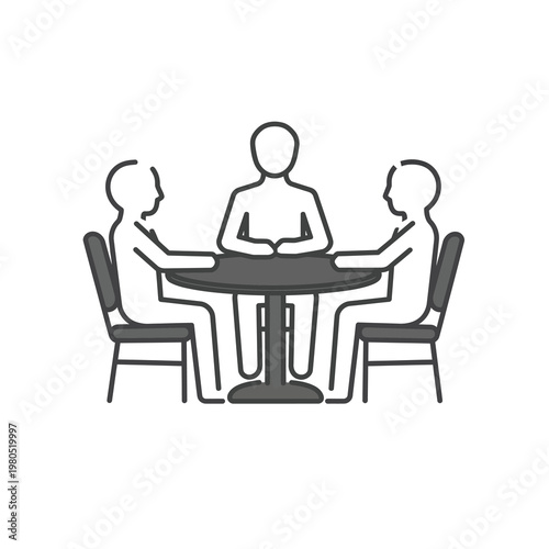Vector of three people sitting around a table engaged in a discussion