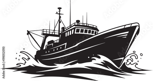 Fishing boat, black silhouette, vector illustration, nautical icon, marine symbol