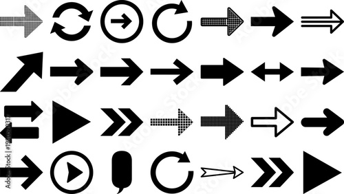 Collection of various black arrow icons on white background for design and navigation