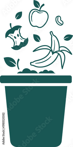 Minimalist vector icon compost bin with food scraps and rising leaves eco waste recycling concept clean dark grey single color design