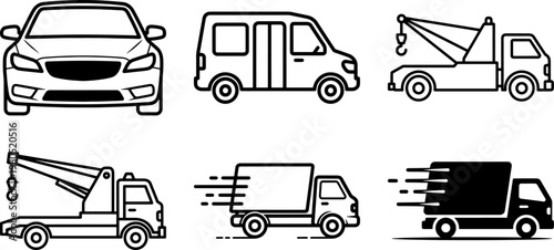 Collection of various vehicles including cars and trucks icons