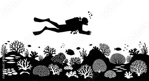 Scuba Diver Underwater Coral Reef.